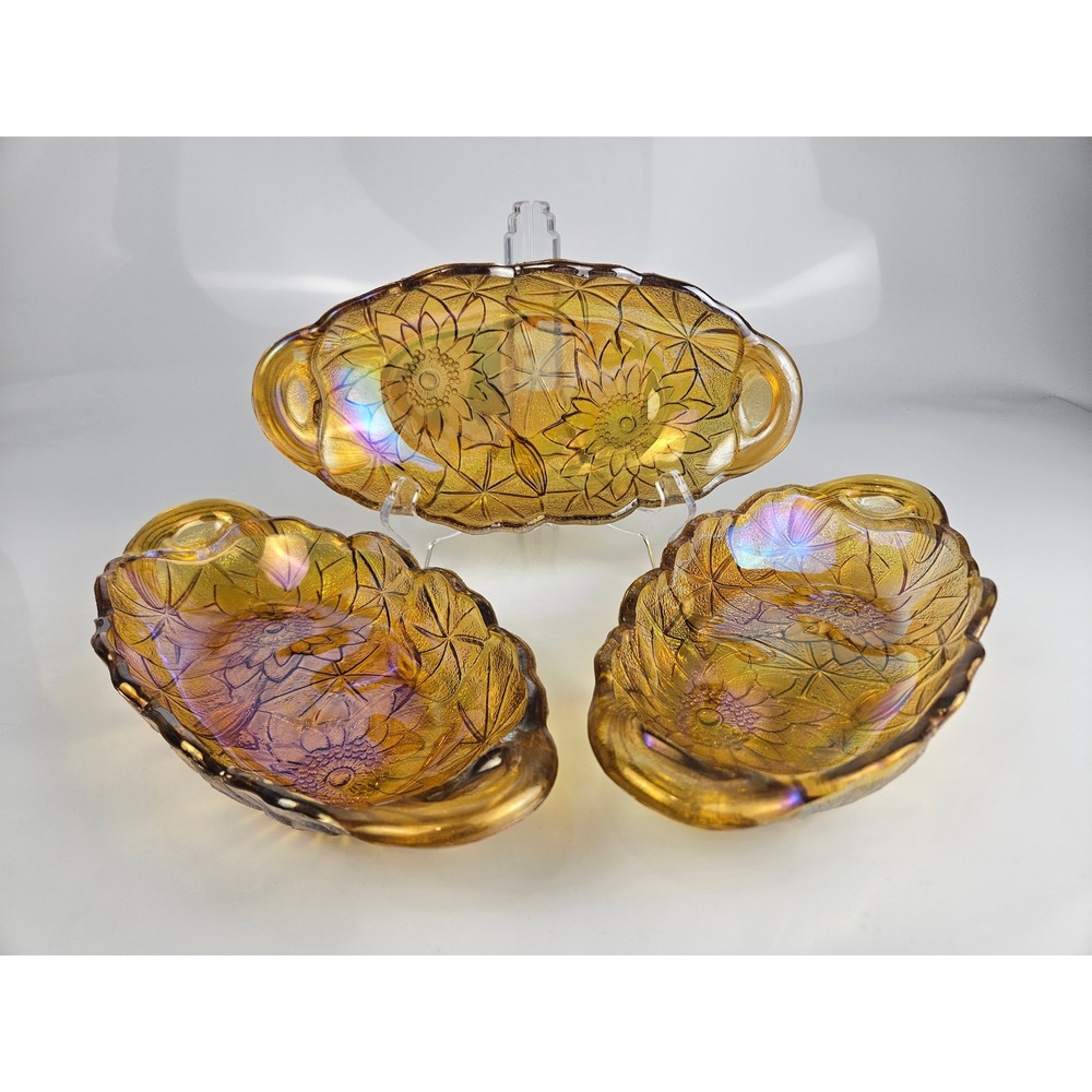 Set of 3 Vtg Marigold Carnival Glass Sunflower Star Relish‎ Dish Tray Iridescent